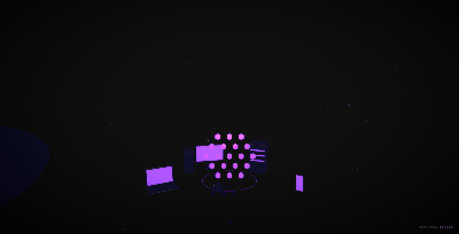 The Leorna fleet: machines linked to one glowing honeycomb of shared memory by arcs of light, with Sprites traveling between them.